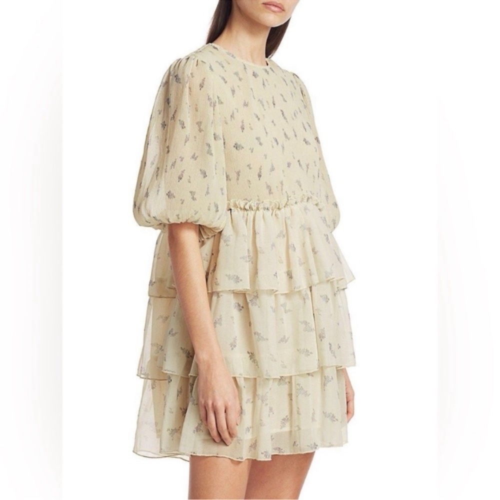 Ganni Cream Floral Tiered Mini Dress
